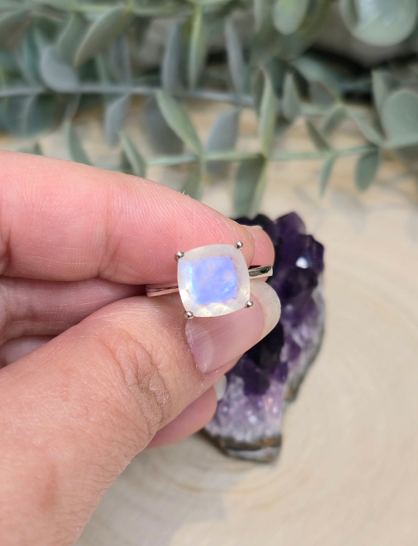 Bague Pierre de lune arc-en-ciel ajustable