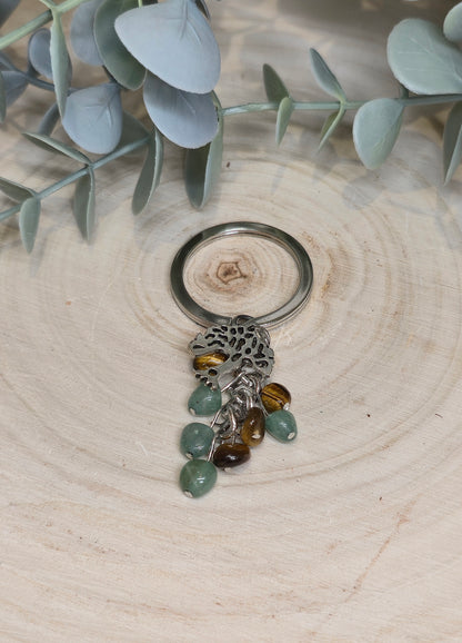 Porte-clé Arbre de vie avec Oeil de tigre et Aventurine verte