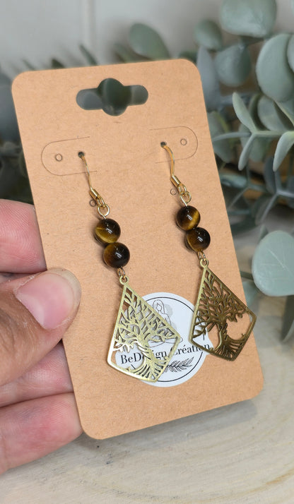 Boucles d’oreilles Arbre de vie gold avec Oeil de tigre
