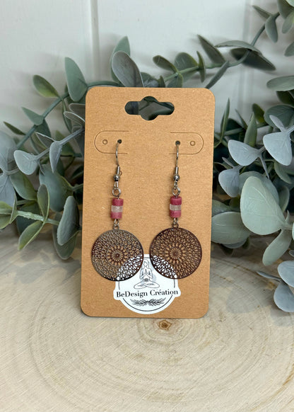 Boucles d’oreilles Mandala Rhodonite et Quartz clair