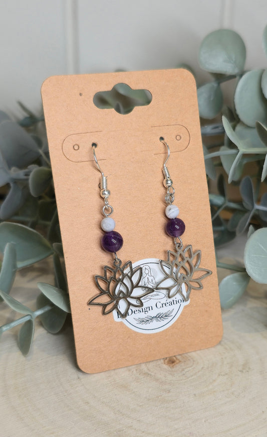Boucles d’oreilles Lotus Améthyste et Agate dentelle bleue