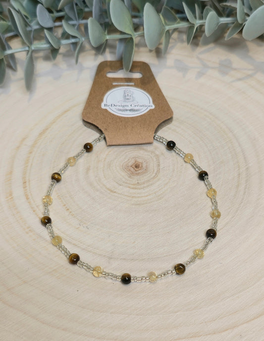 Bracelet cheville avec pierres - Oeil de tigre et Citrine