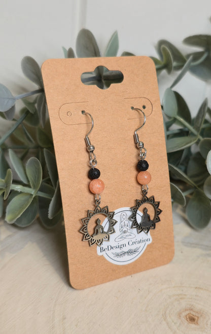 Boucles d’oreilles Méditation Mandala Calcite pêche et Pierre de lave
