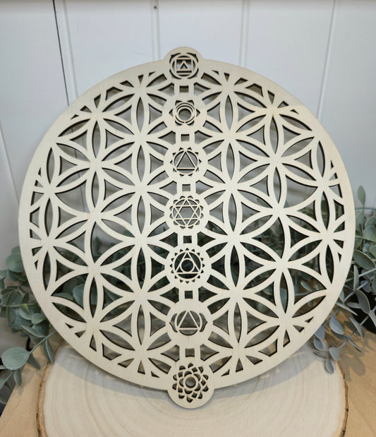 Plateau en bois naturel Fleur de vie chakras 12"