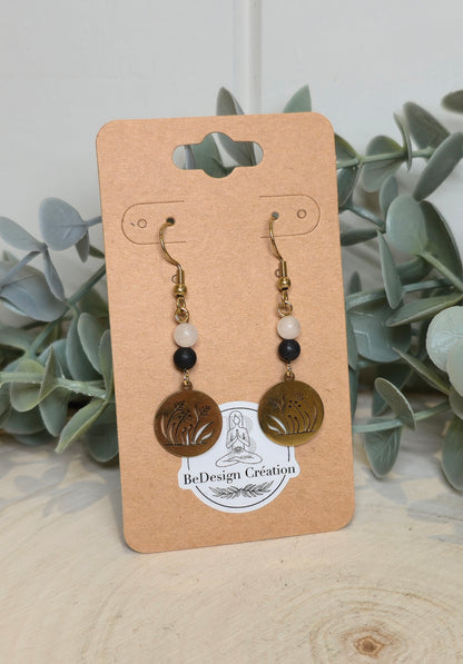 Boucles d’oreilles gold Fleurs herbe Quartz clair et Shungite