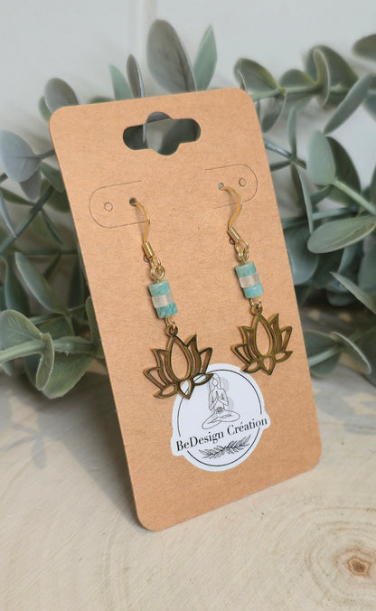 Boucles d’oreilles Lotus gold Amazonite et Quartz clair