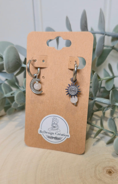 Boucles d’oreilles anneau Soleil/Lune Pierre de lune