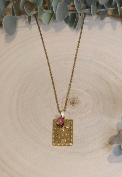 Collier Soleil / Lune / étoiles et pierre gold