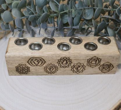 Porte-bougie d’intension Chakras en bois