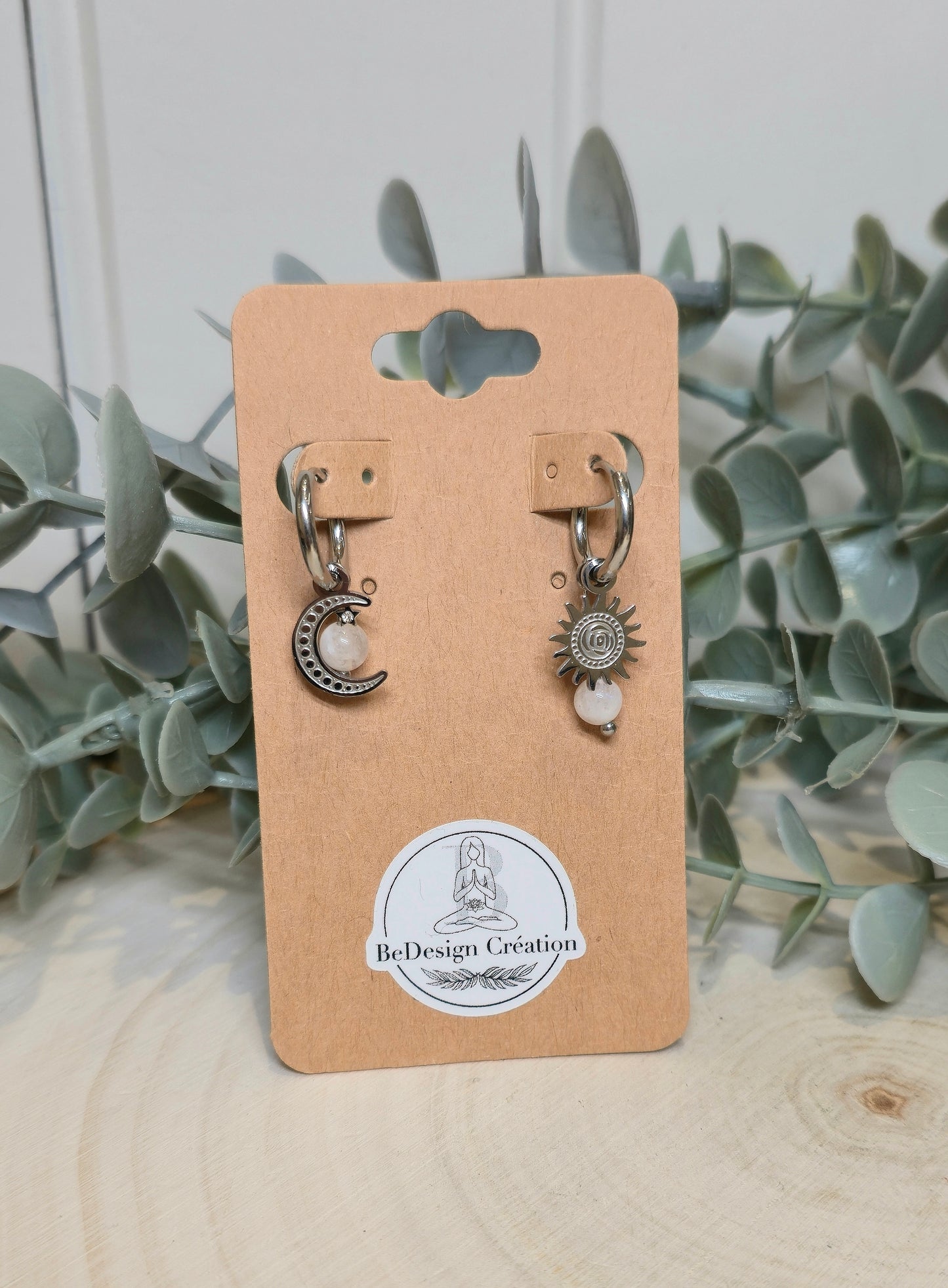 Boucles d’oreilles anneau Soleil/Lune Pierre de lune