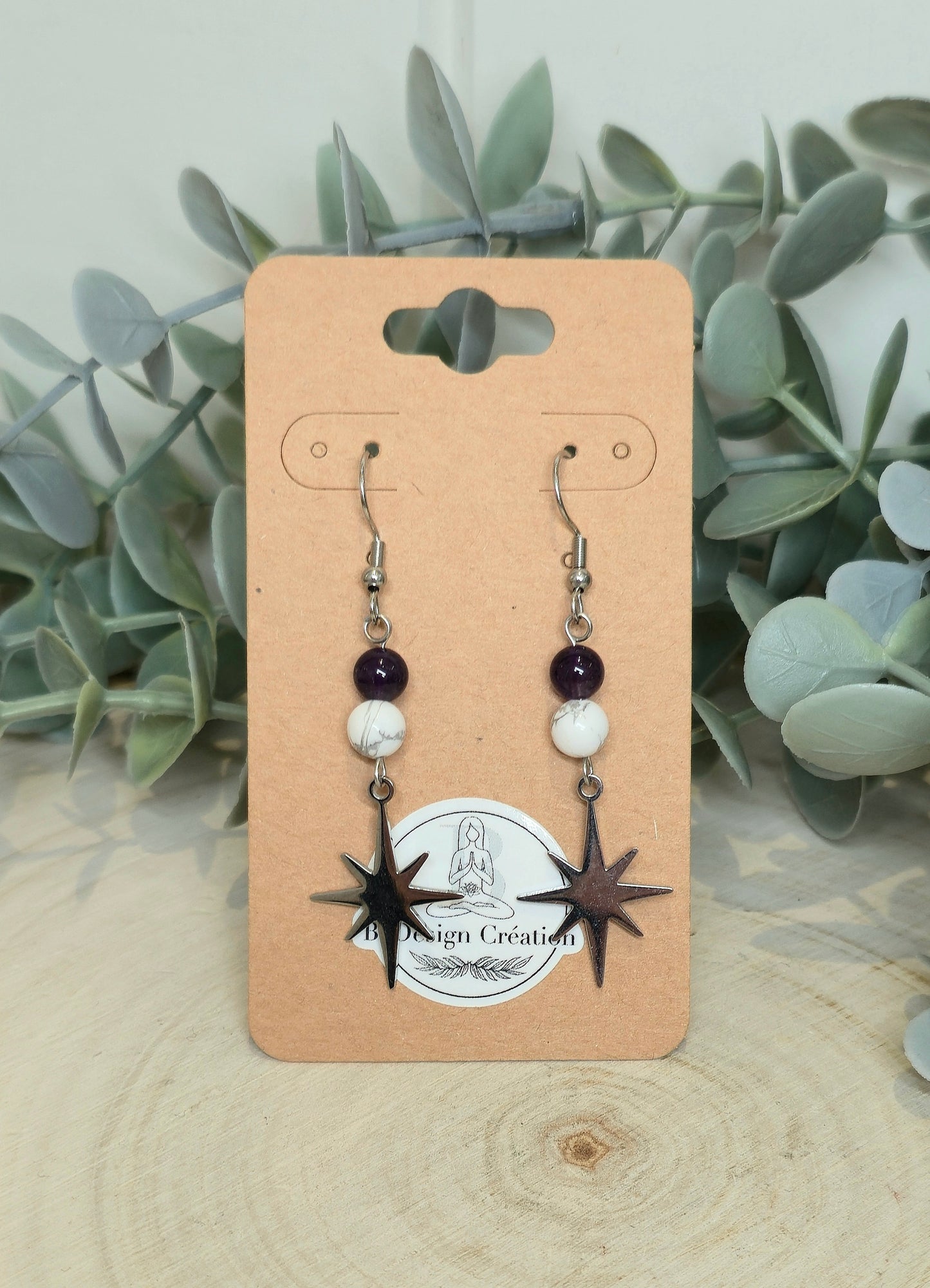 Boucles d’oreilles Étoile Howlite et Améthyste