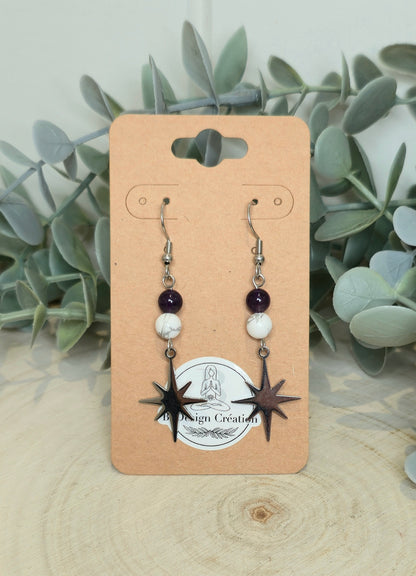 Boucles d’oreilles Étoile Howlite et Améthyste