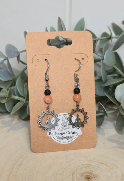 Boucles d’oreilles Méditation Mandala Calcite pêche et Pierre de lave