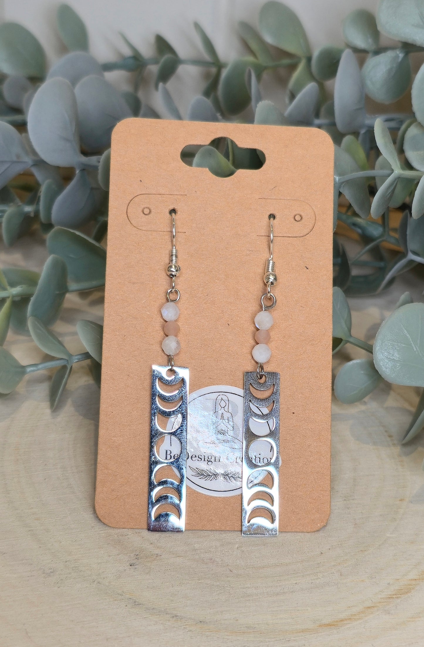 Boucles d’oreilles Phase Lunaire avec Pierre de lune et Pierre de lune pêche