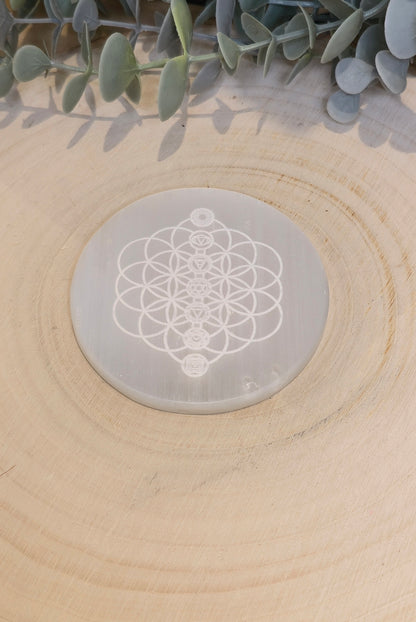 Sélénite Fleur de vie Chakras gravé
