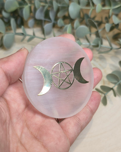 Sélénite Triple lune et pentacle gold