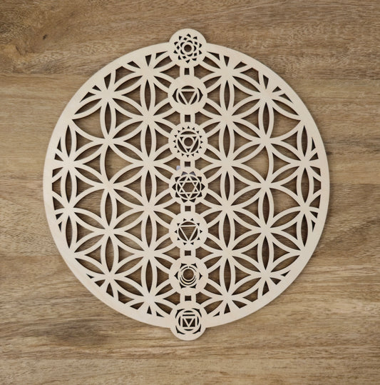 Plateau en bois naturel Fleur de vie chakras 8,7"