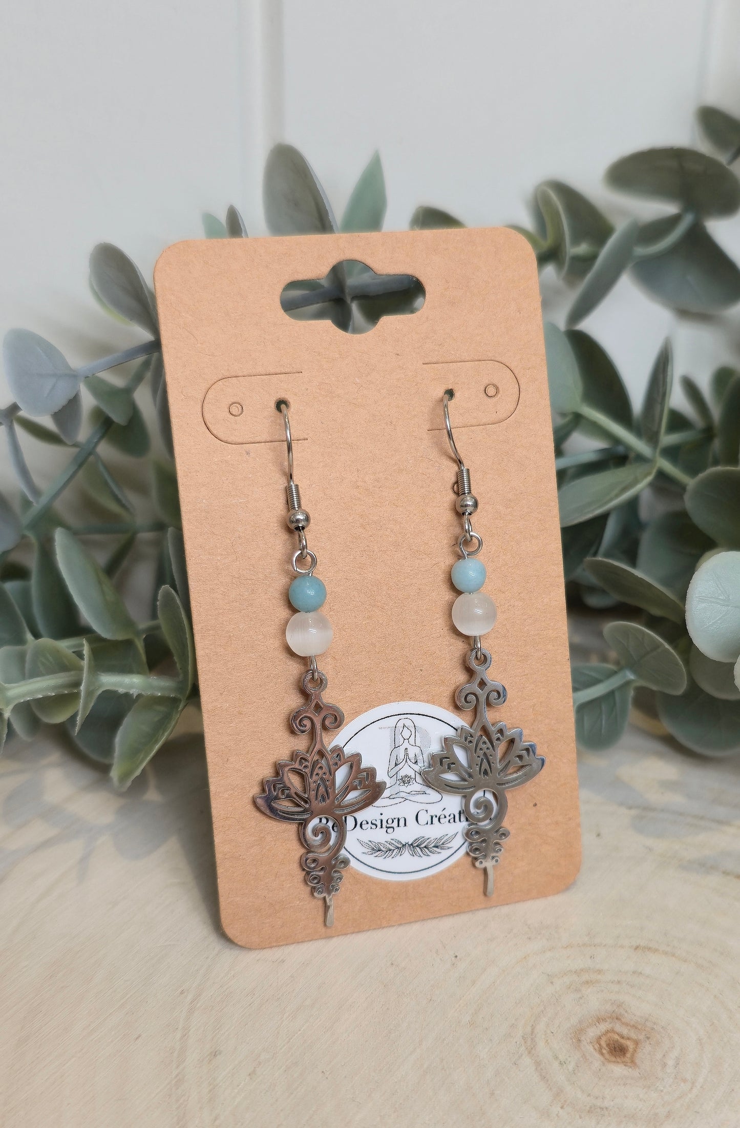 Boucles d’oreilles Lotus Unalum Sélénite et Amazonite