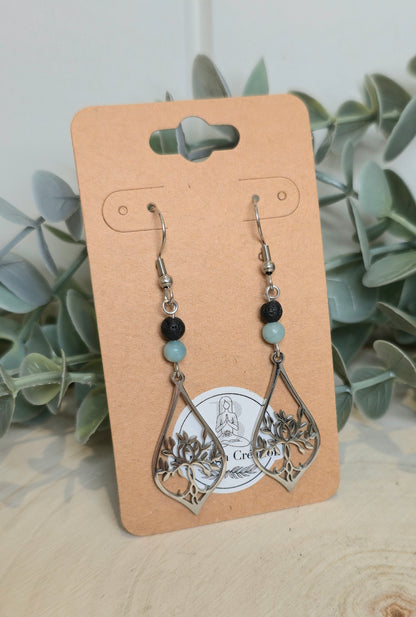 Boucles d’oreilles Arbre de vie Amazonite et Pierre de lave