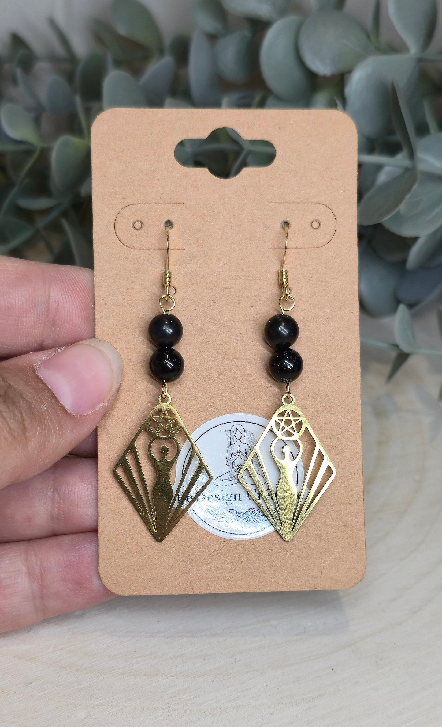 Boucles d’oreilles Déesse Pentacle gold avec Shungite et Tourmaline