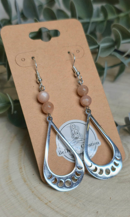 Boucles d’oreilles Phase lunaire avec Pierre de lune pêche