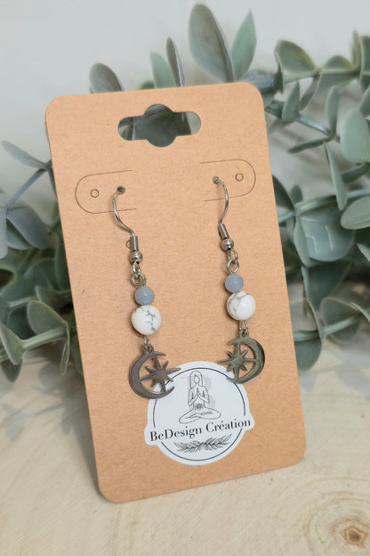 Boucles d’oreilles Lune/Étoile Angélite et Howlite