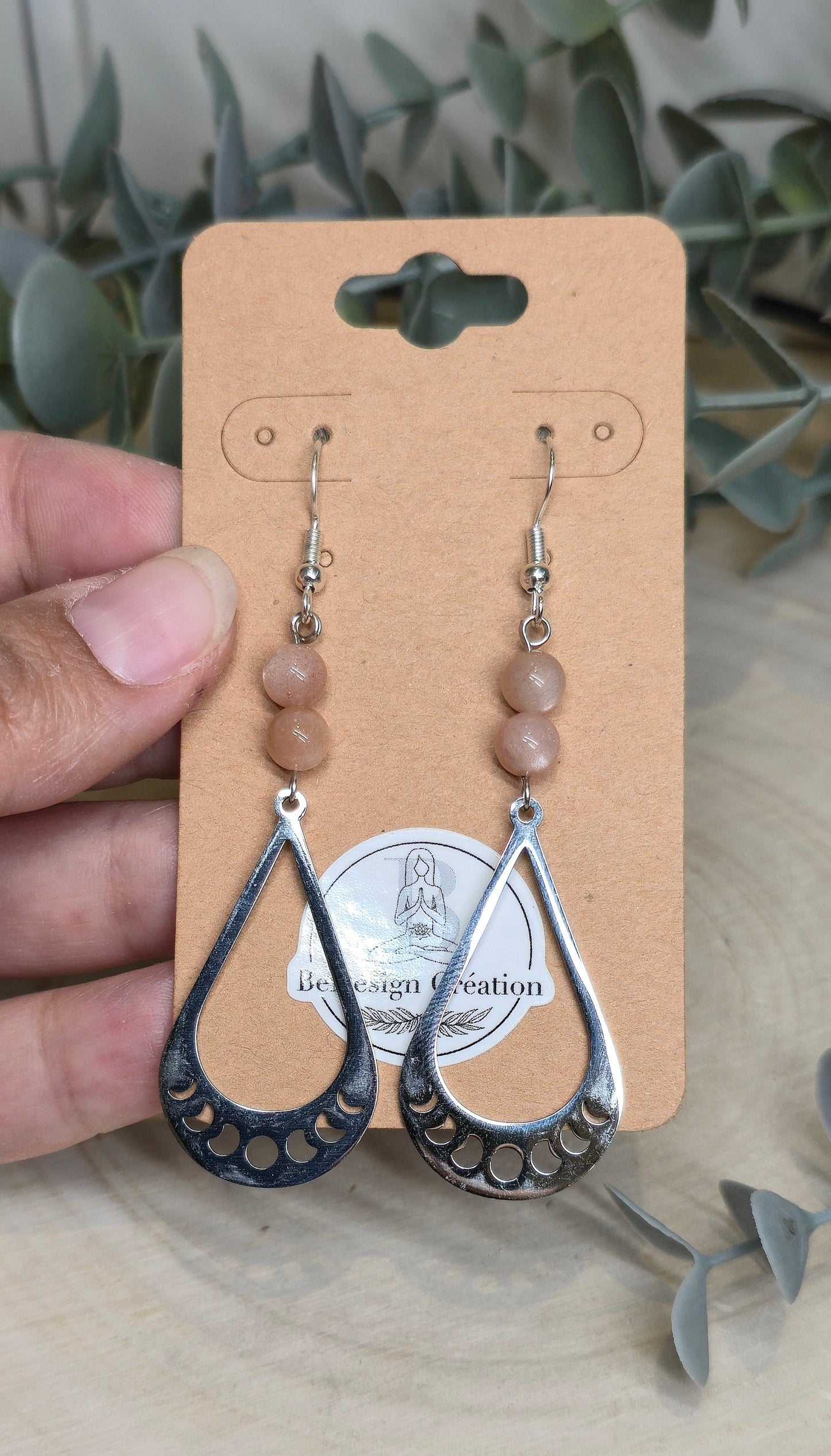 Boucles d’oreilles Phase lunaire avec Pierre de lune pêche