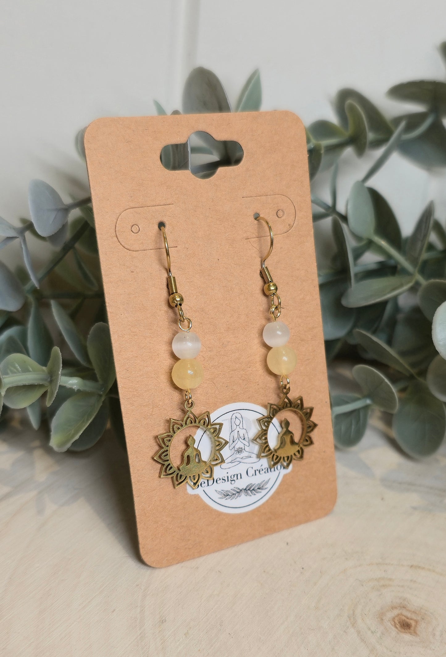 Boucles d’oreilles Méditation Mandala gold Calcite miel et Sélénite