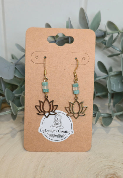 Boucles d’oreilles Lotus gold Amazonite et Quartz clair