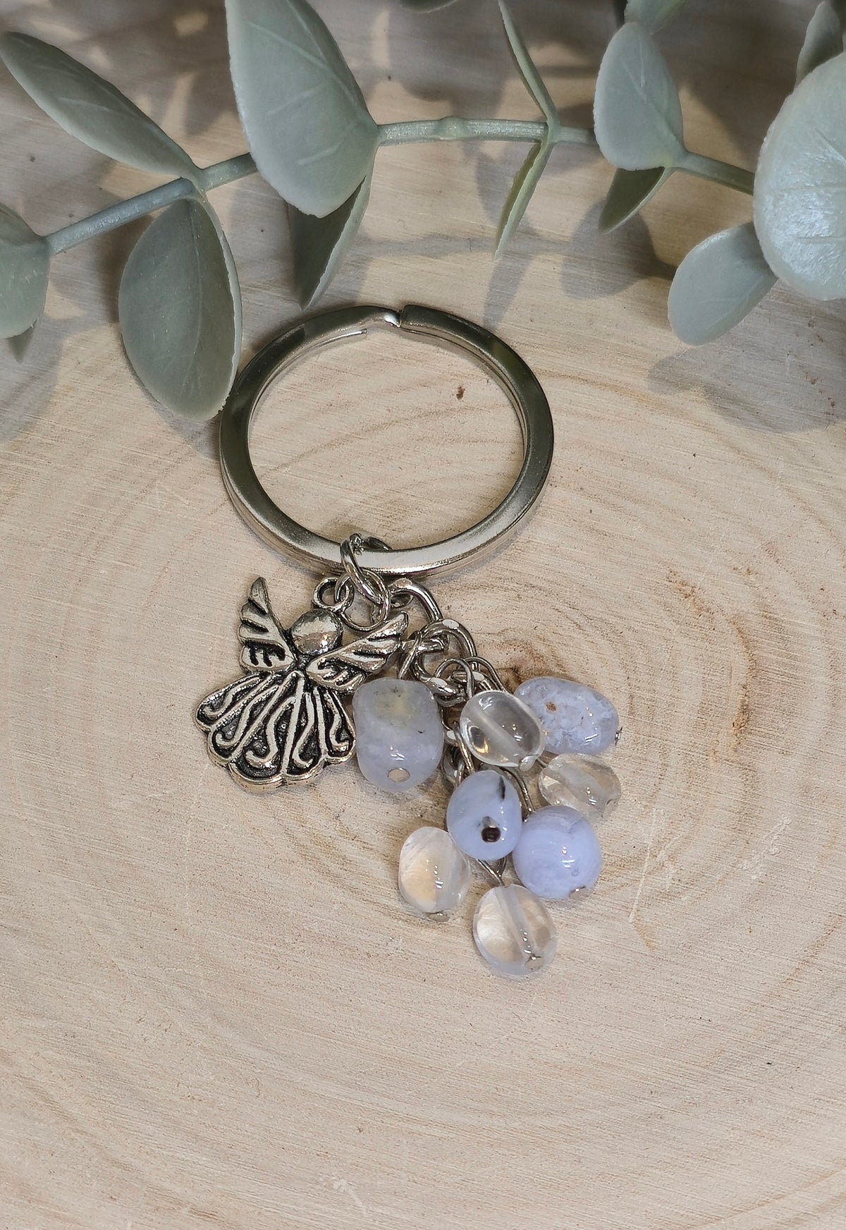 Porte-clé Ange avec Agate dentelle bleue et Quartz