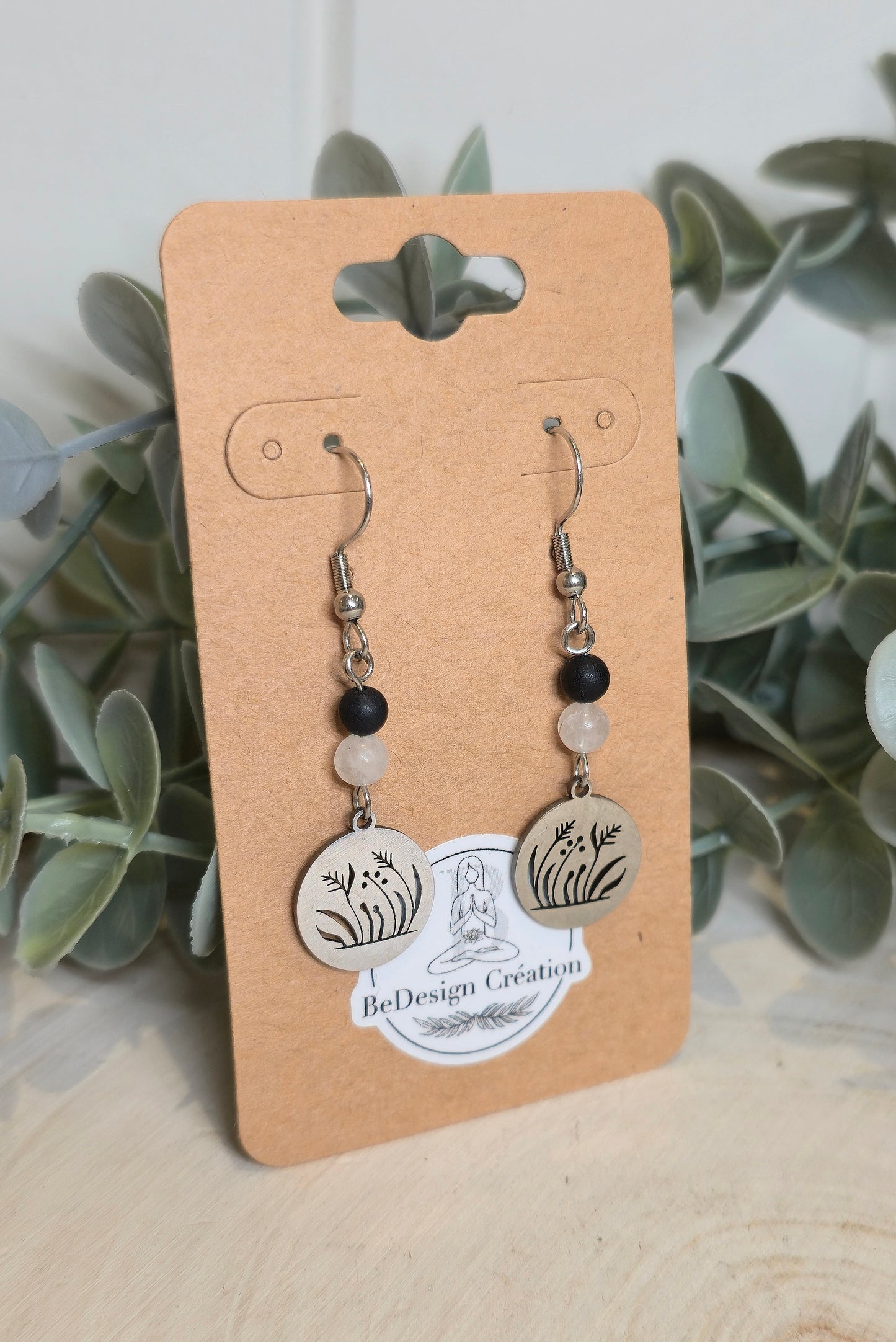 Boucles d’oreilles Fleurs herbe Quartz clair et Shungite
