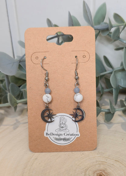 Boucles d’oreilles Lune/Étoile Angélite et Howlite