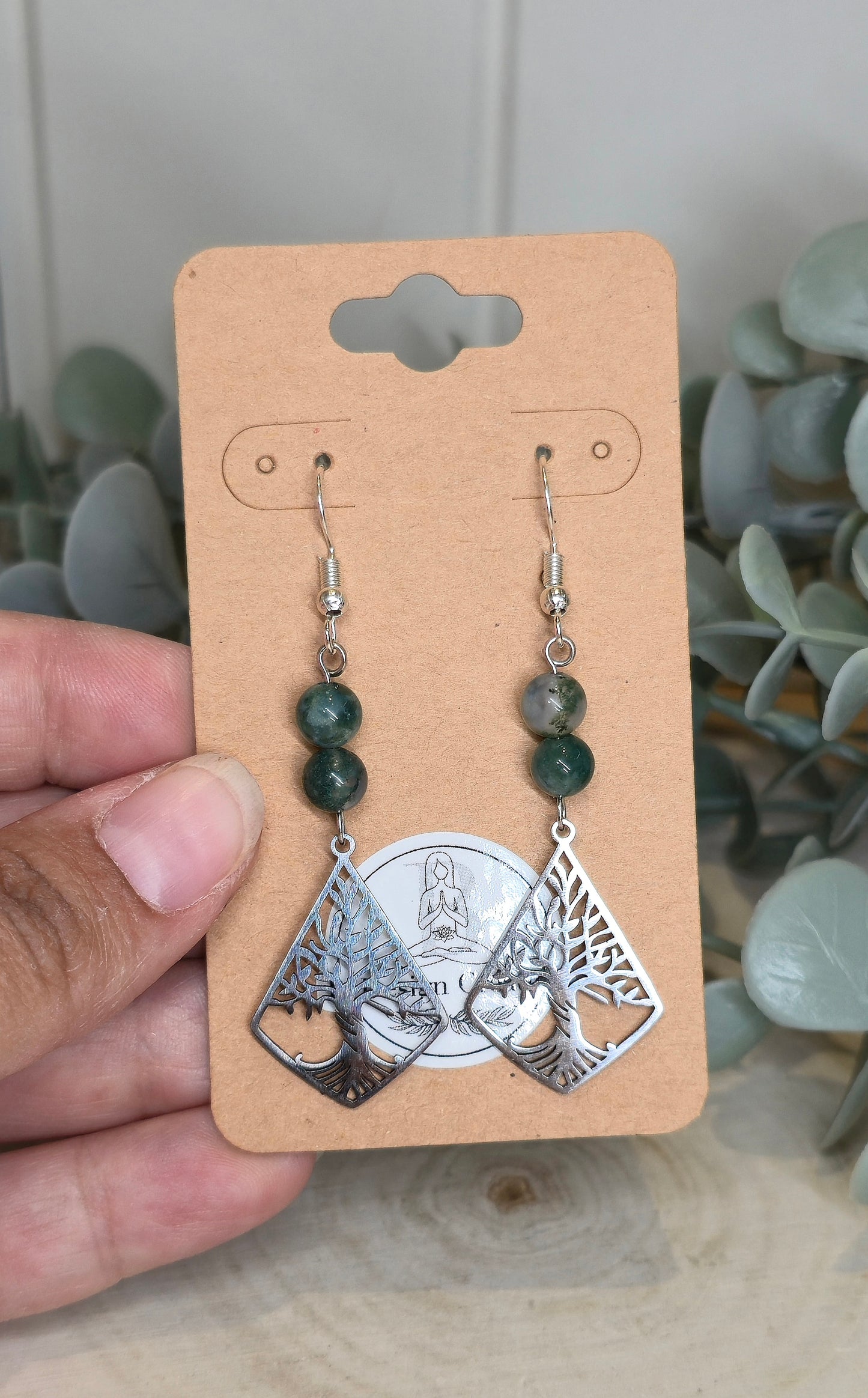 Boucles d’oreilles Arbre de vie avec Agate mousse