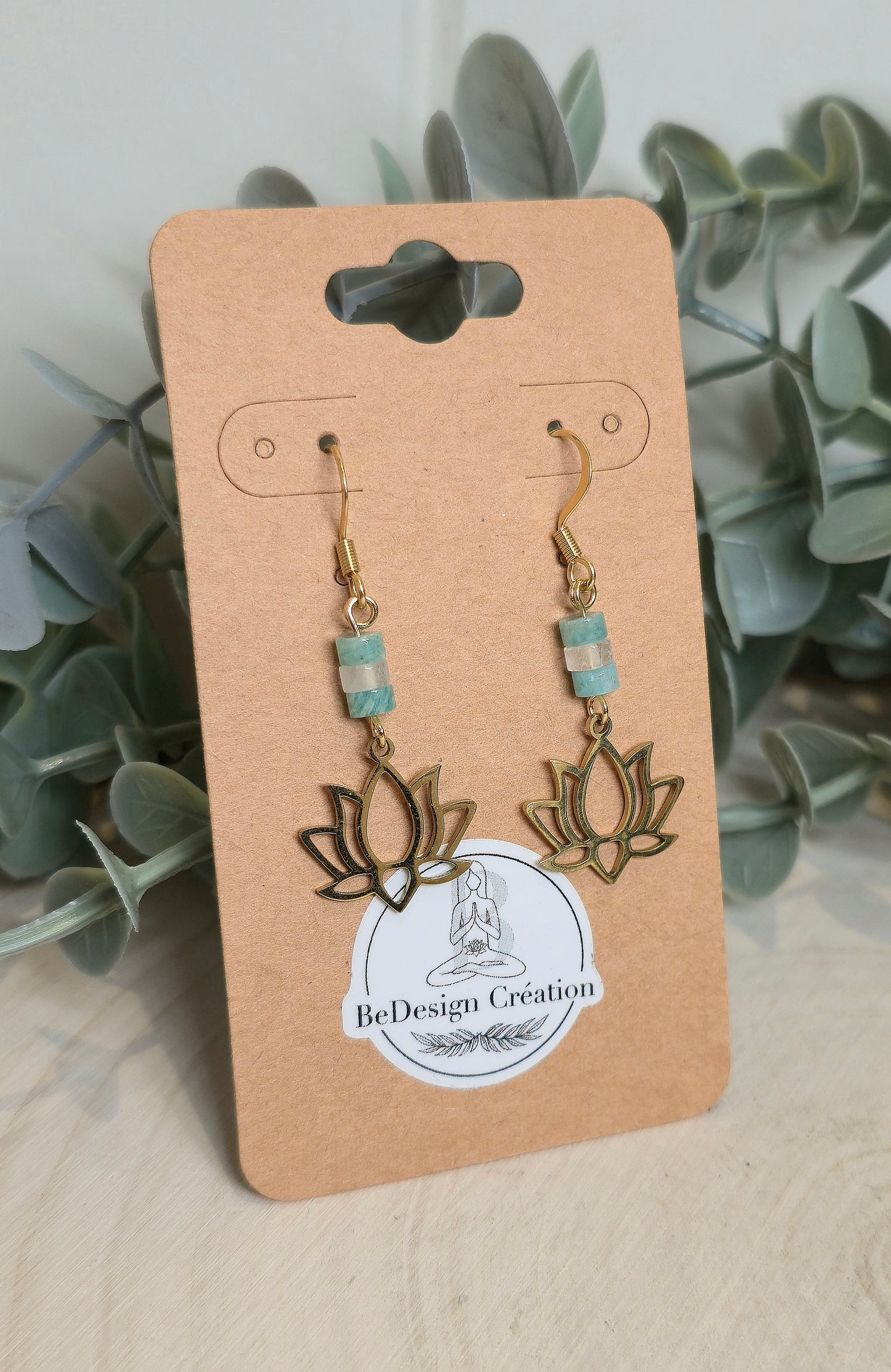 Boucles d’oreilles Lotus gold Amazonite et Quartz clair