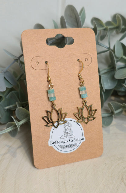 Boucles d’oreilles Lotus gold Amazonite et Quartz clair