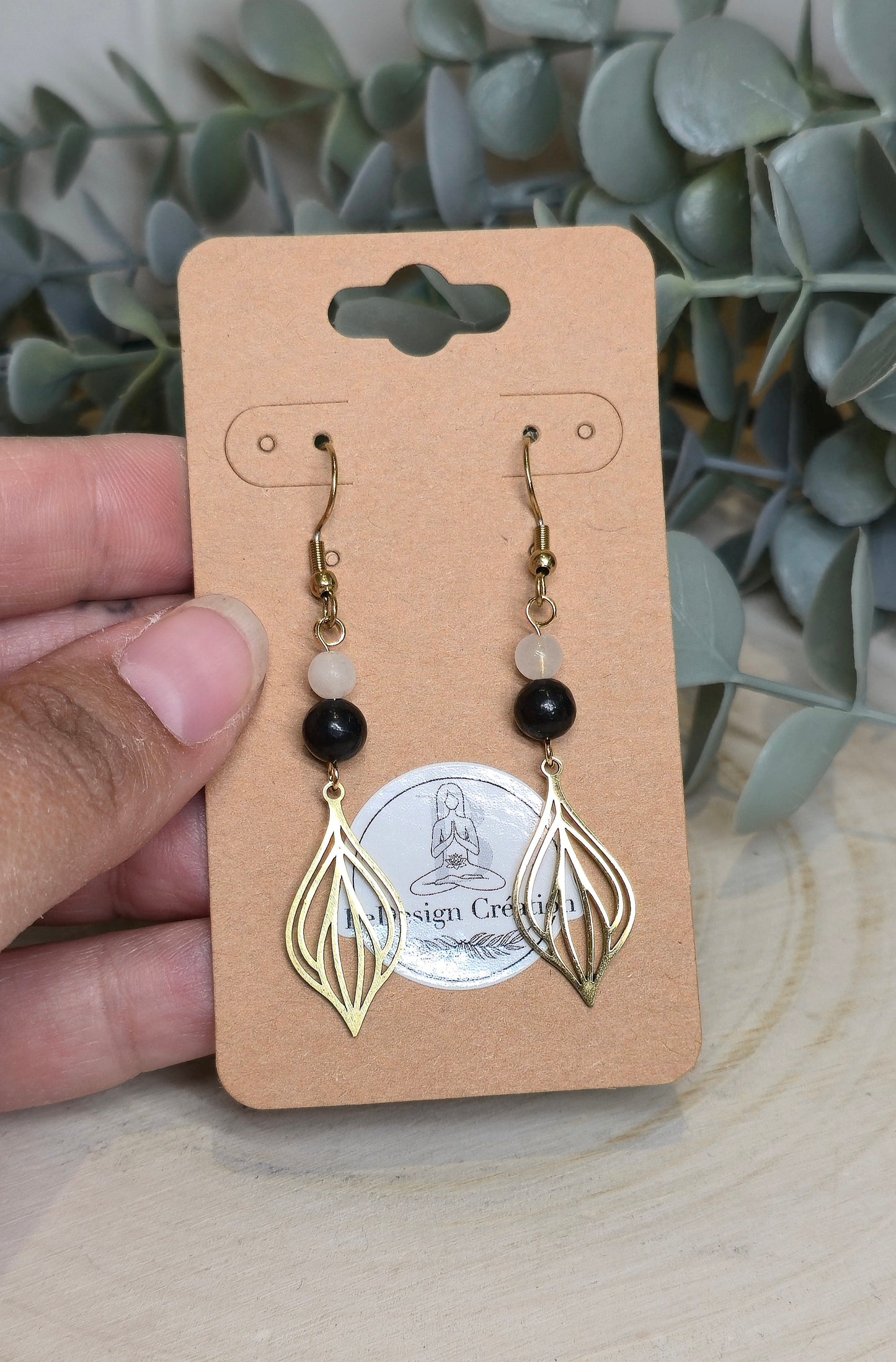 Boucles d’oreilles Géométrie gold Shungite et Quartz clair