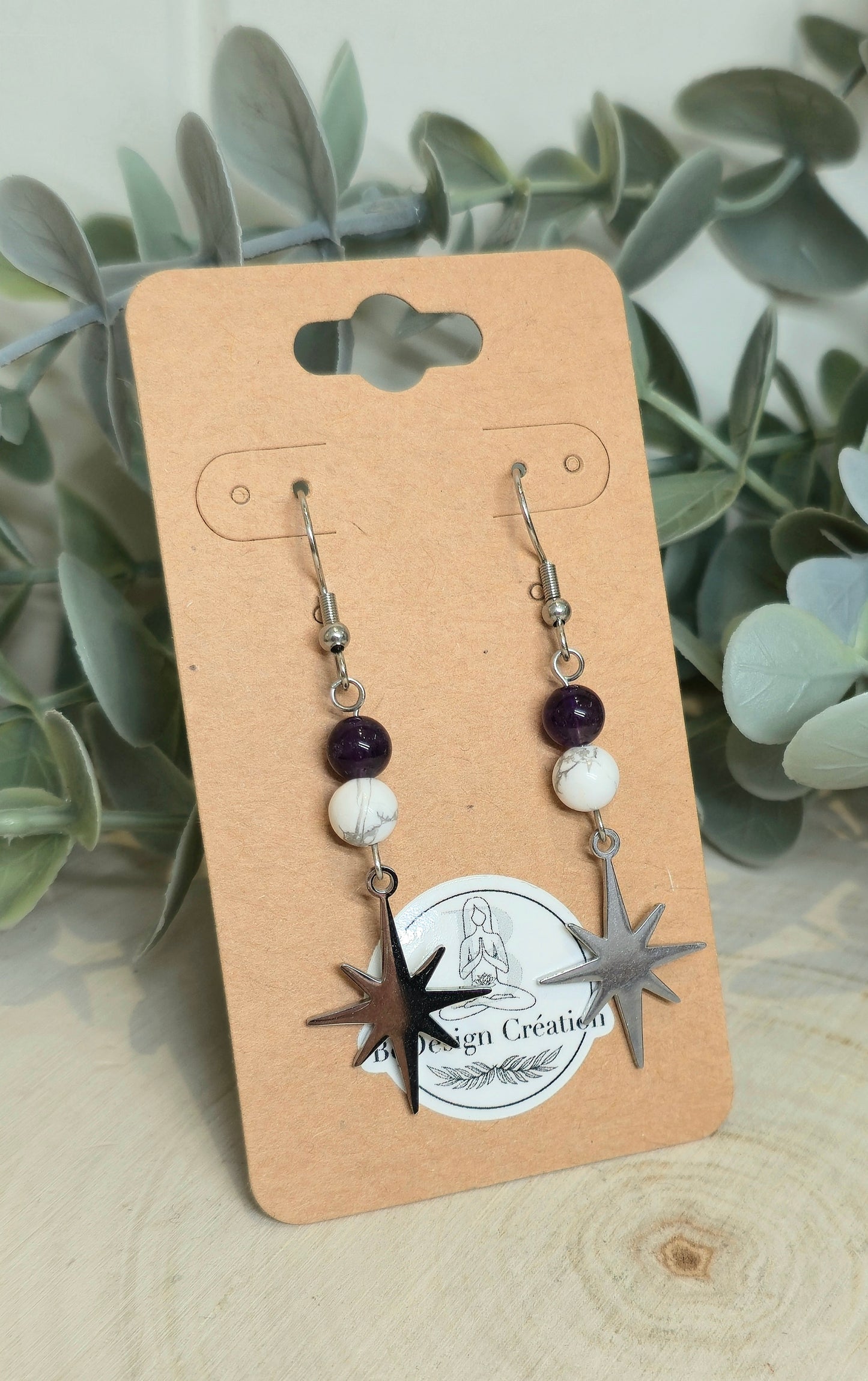 Boucles d’oreilles Étoile Howlite et Améthyste