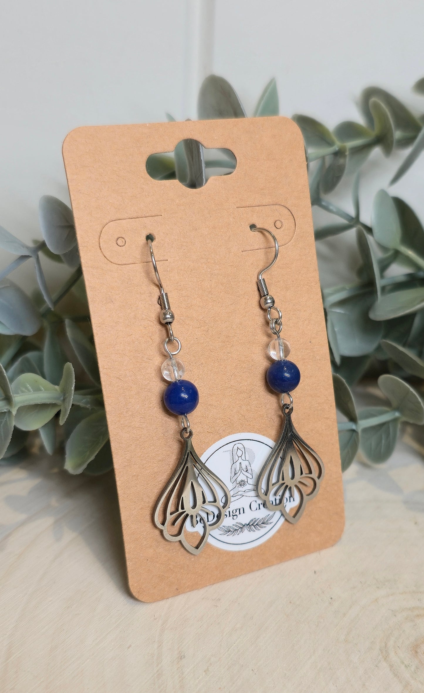 Boucles d’oreilles Lotus Aventurine bleue et Quartz clair